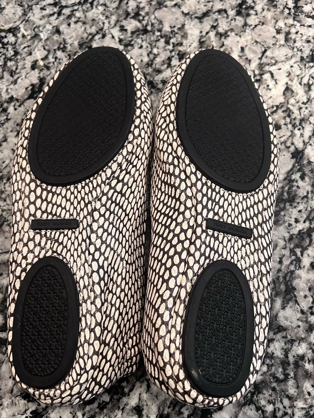 Tory Burch Black and White Pebble-Print Reva Flats